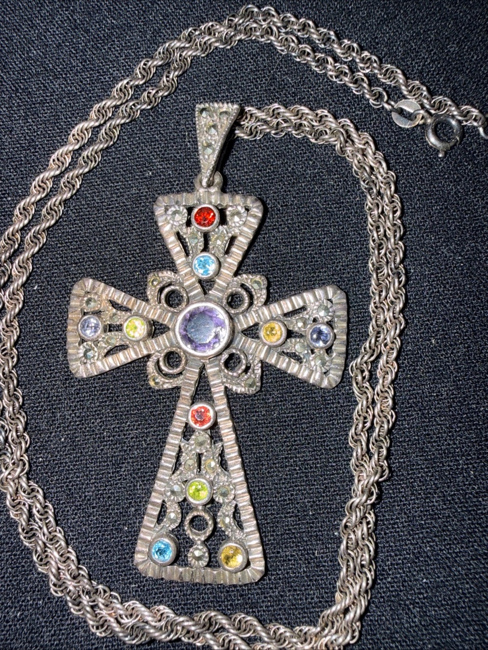Sterling Silver Cross Pendant Necklace 925 Multicolored Gem Accents
